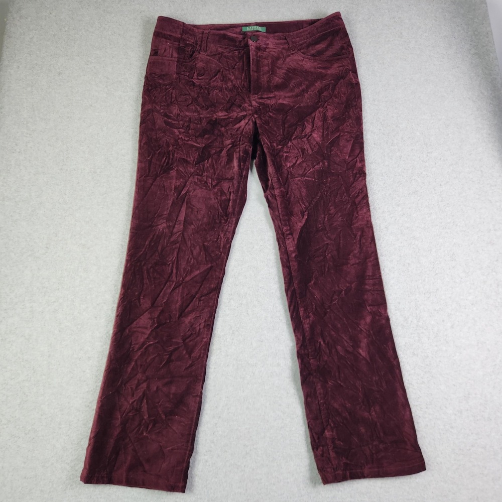 Lauren Ralph Lauren Pants Women 14 Burgundy Crushed Velvet Mid Rise Straight Leg
